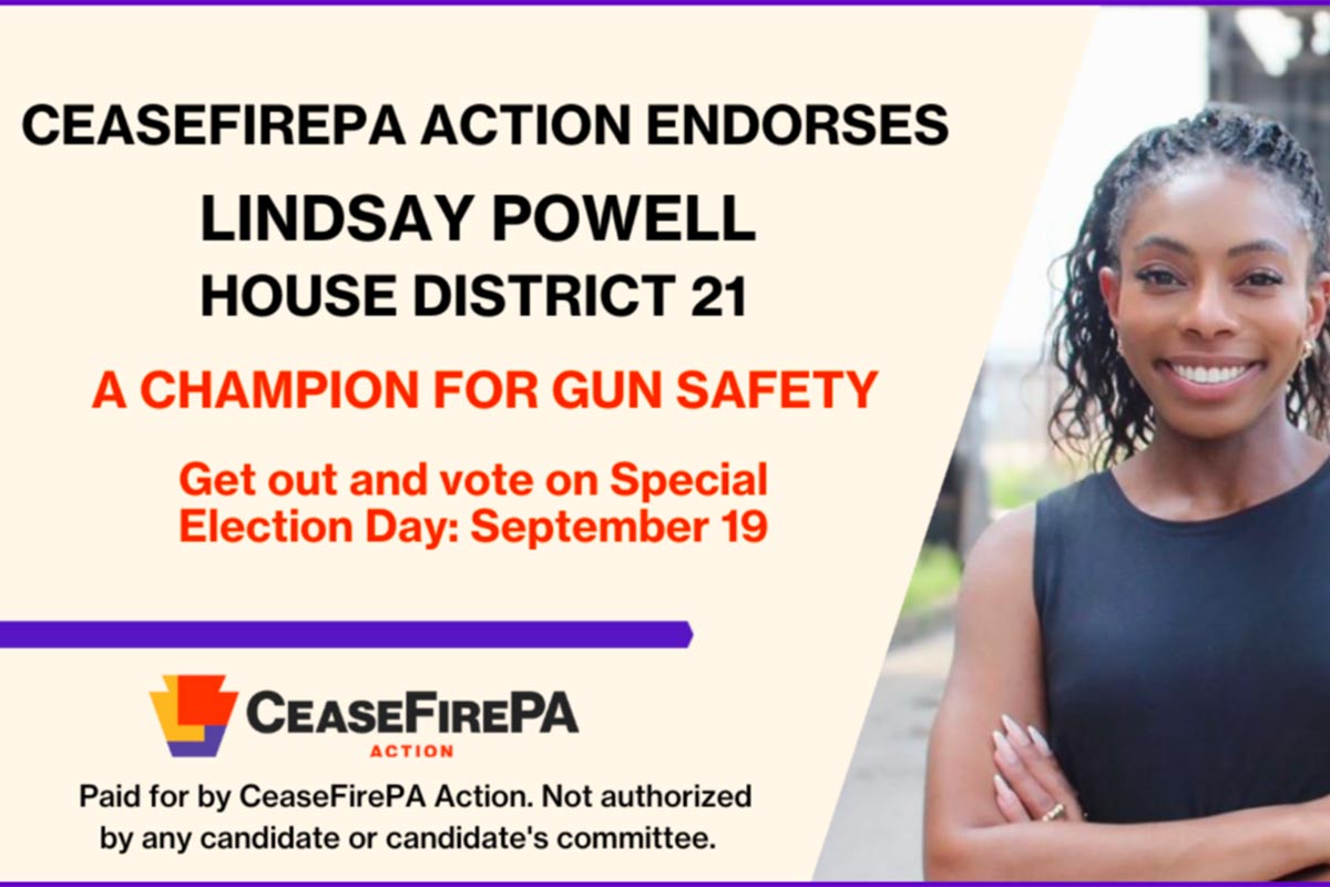 Photo of Lindsay Powell with text about CeaseFirePA's endorsement